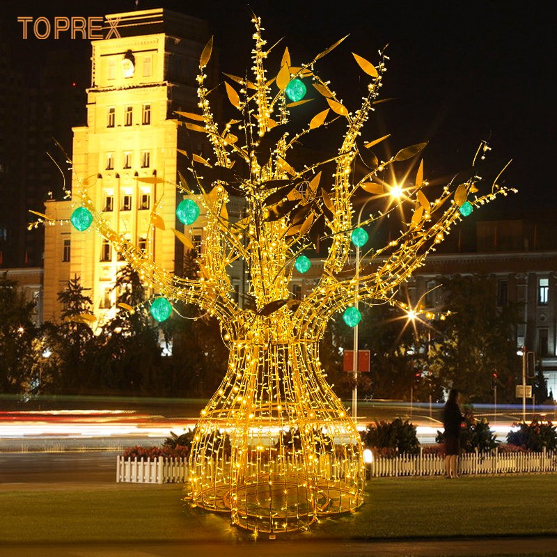 Toprex Luxury Golden Metal Tree with Decorative Leaves for Mall or Event Display Lighting