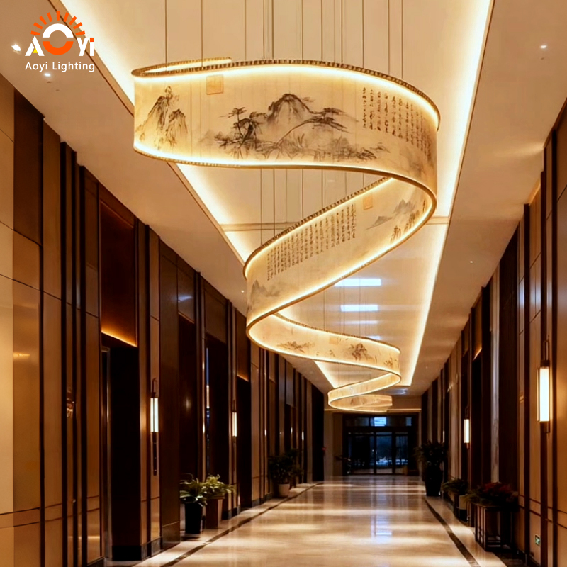 Artistic Chinese Calligraphy &amp; Landscape Oval Acrylic LED Chandelier Pendant Lamp Dimmable Light for Hotel Corridor Decoration