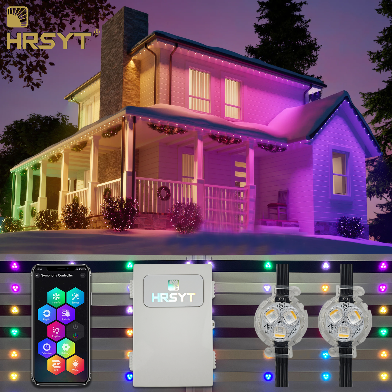 HRSYT DC36V IP68 Waterproof Outside Under Eaves Lights App Voice Control DIY Multicolor Led Permanent Outdoor Point Pixel Light