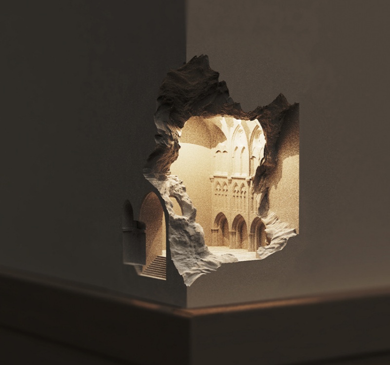 Artistic Gothic Inspired Plaster Recessed Dramatic 3D Visual Design Retro Architectural Aesthetic Wall Lamp