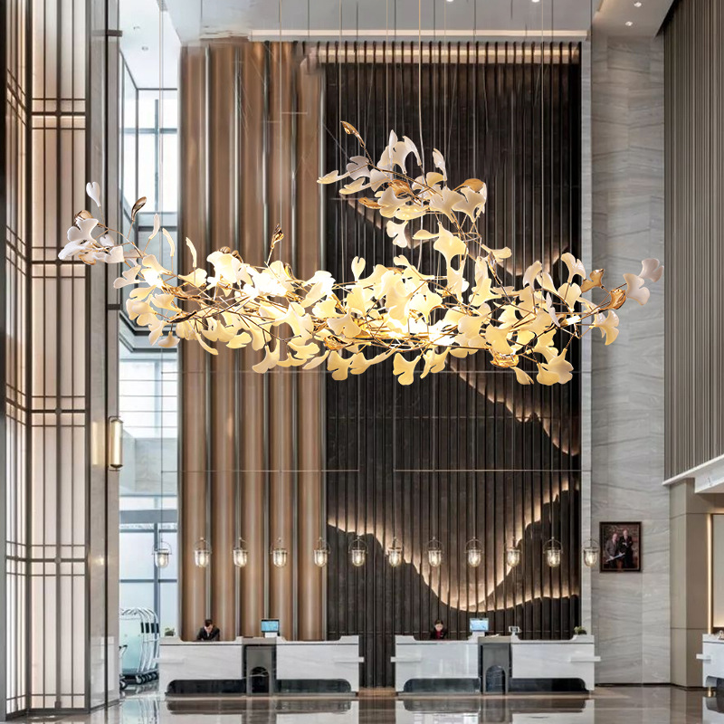 Custom Modern Gold Ginkgo Leaf Pendant Fixture Artistic Branch Design Hotel Lobby Ceiling Light Chandelier Decorative for Lobby