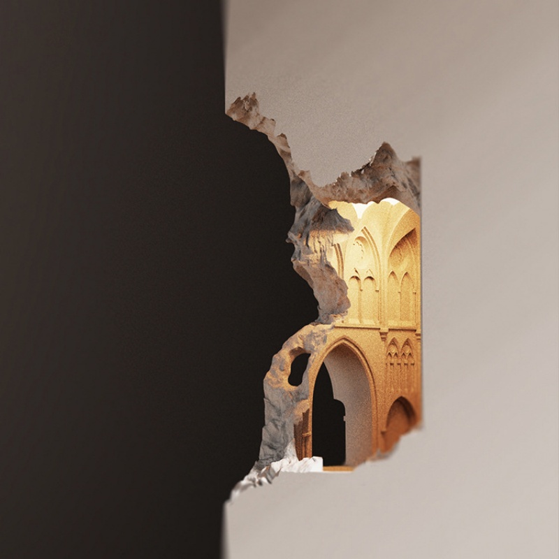 Artistic Gothic Inspired Plaster Recessed Dramatic 3D Visual Design Retro Architectural Aesthetic Wall Lamp