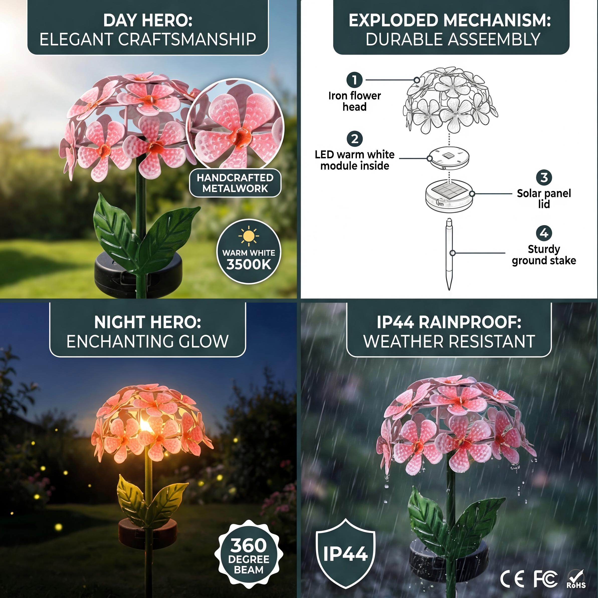 Outdoor Hydrangea Solar Garden Lights Waterproof Landscape Stakes For Yard Path Patio Decoration Night Illumination