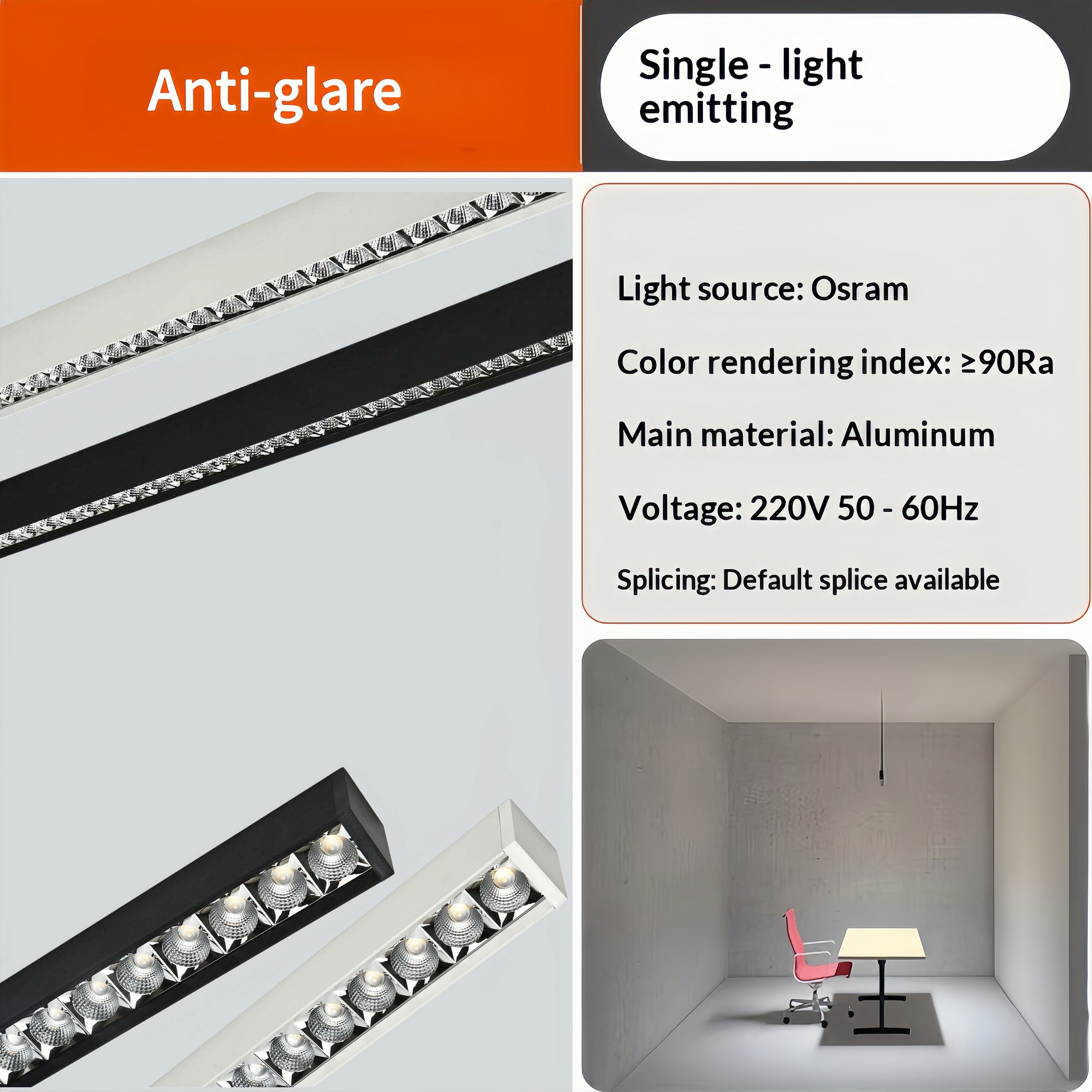 High Quality Aluminum Anti-Glare Middle Size Pendant Light High Brightness 36W/42W/52W/72W LED Linear Lighting For Office Use