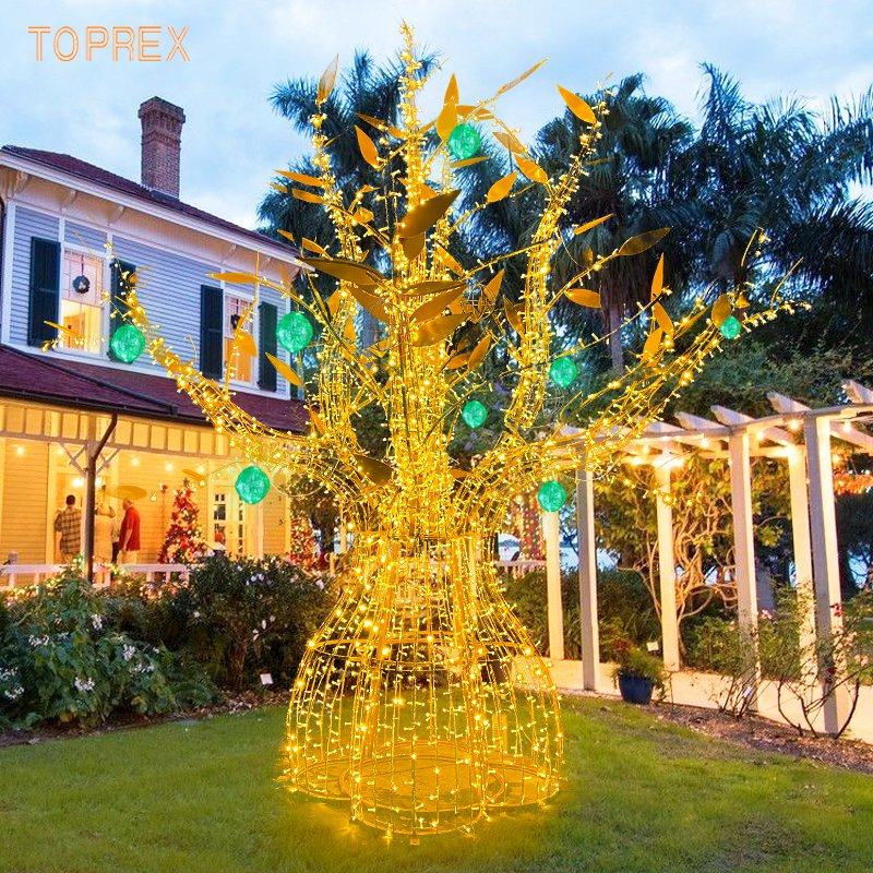 Toprex Luxury Golden Metal Tree with Decorative Leaves for Mall or Event Display Lighting