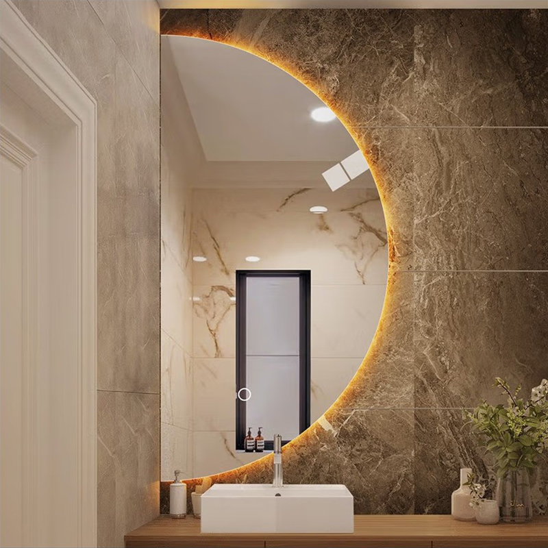 Smart Bathroom Decorative Touch Sensor Frameless Half Moon Mirror Wall Mounted with LED Light and Bluetooth