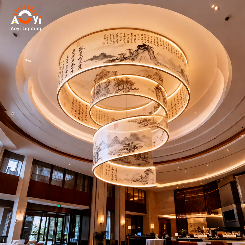 Artistic Chinese Calligraphy &amp; Landscape Oval Acrylic LED Chandelier Pendant Lamp Dimmable Light for Hotel Corridor Decoration
