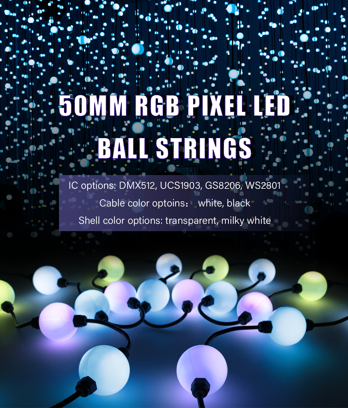 SHIJI Waterproof 35mm 50mm RGB Pixel Light Ball Curtain SMD3535 UCS1903 Color Changing Outdoor LED Hanging Ball Chain Light