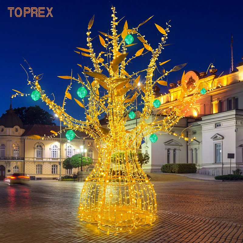 Toprex Luxury Golden Metal Tree with Decorative Leaves for Mall or Event Display Lighting