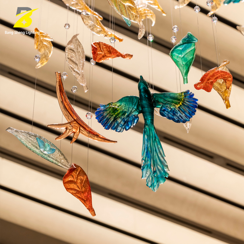 Custom Colorful Bird &amp; Leaf Chandelier - Luxury LED Art Light for Hotel Lobby &amp; Villa