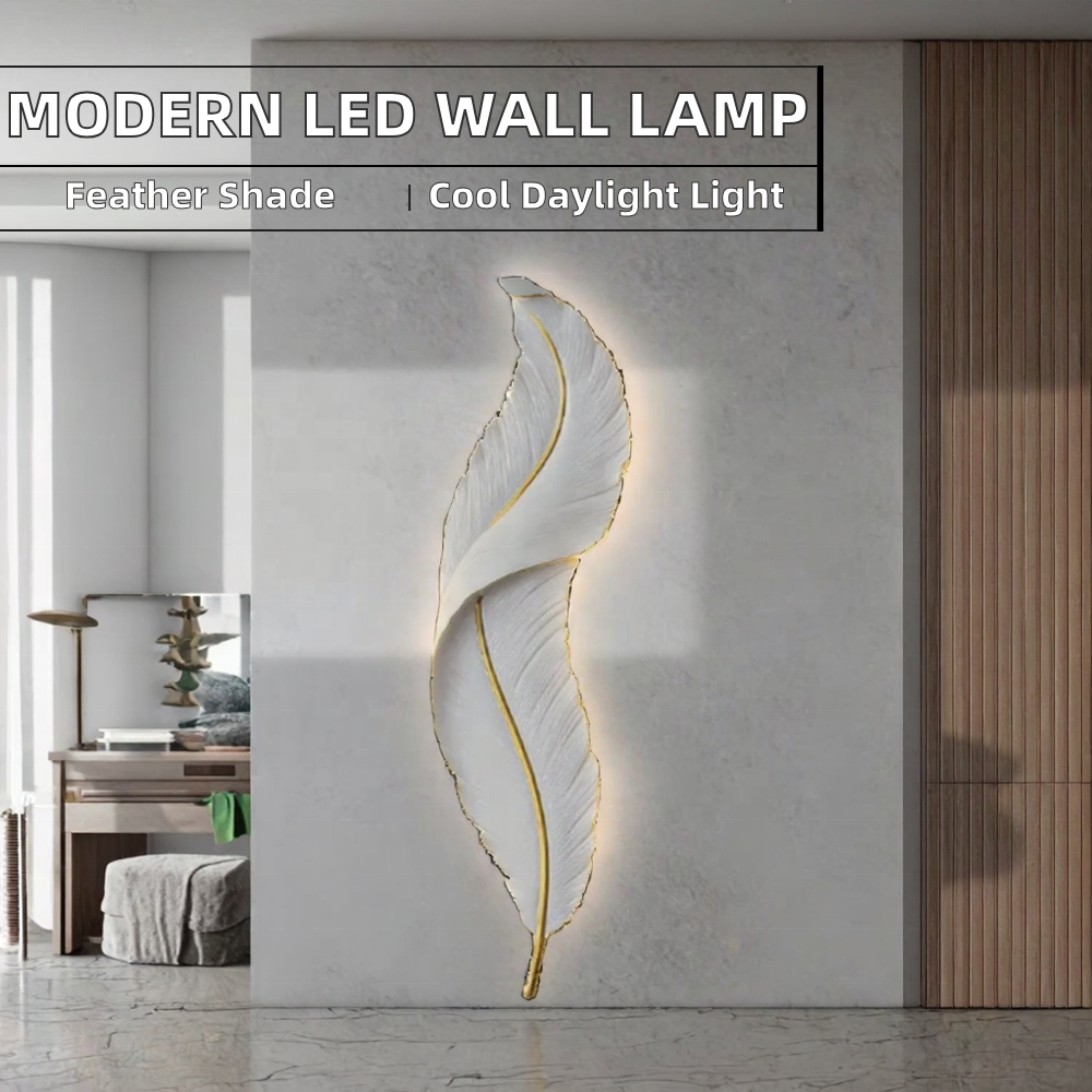 65CM Sculptural Feather Resin Wall Sconce Artistic Hand-painted LED Hardwired Lamp Dimmable Ambient Lighting for Living Room