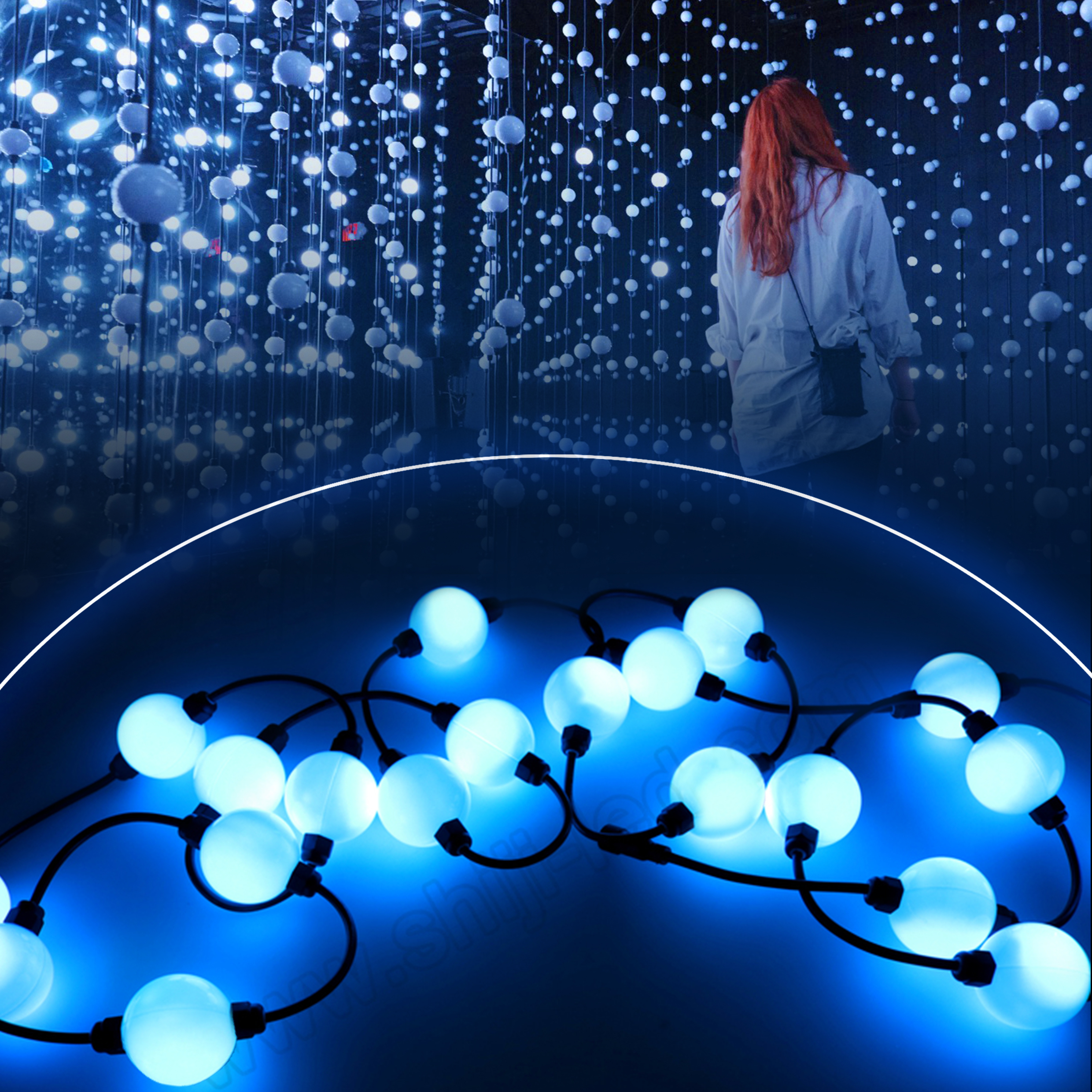 SHIJI Waterproof 35mm 50mm RGB Pixel Light Ball Curtain SMD3535 UCS1903 Color Changing Outdoor LED Hanging Ball Chain Light