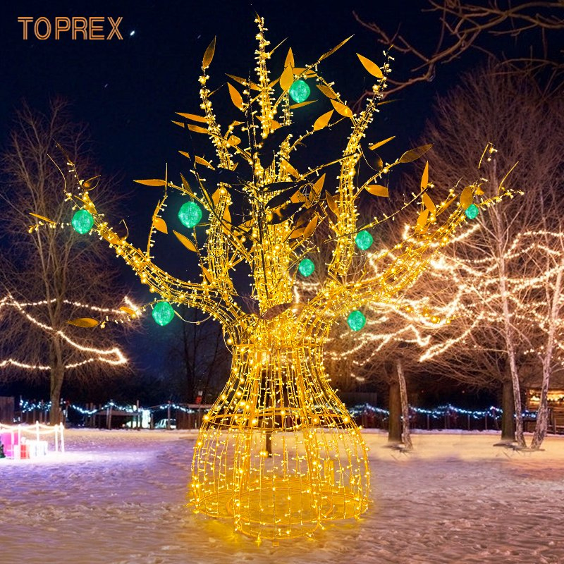 Toprex Luxury Golden Metal Tree with Decorative Leaves for Mall or Event Display Lighting