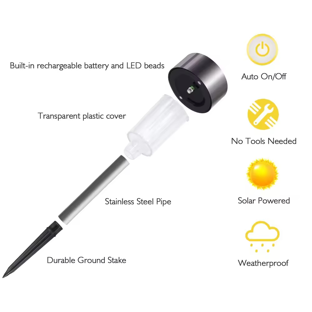 Stainless Steel Waterproof LED Low Voltage Landscape Lighting Solar Powered Outdoor Garden Stake Lights for Pathway Patio Yard