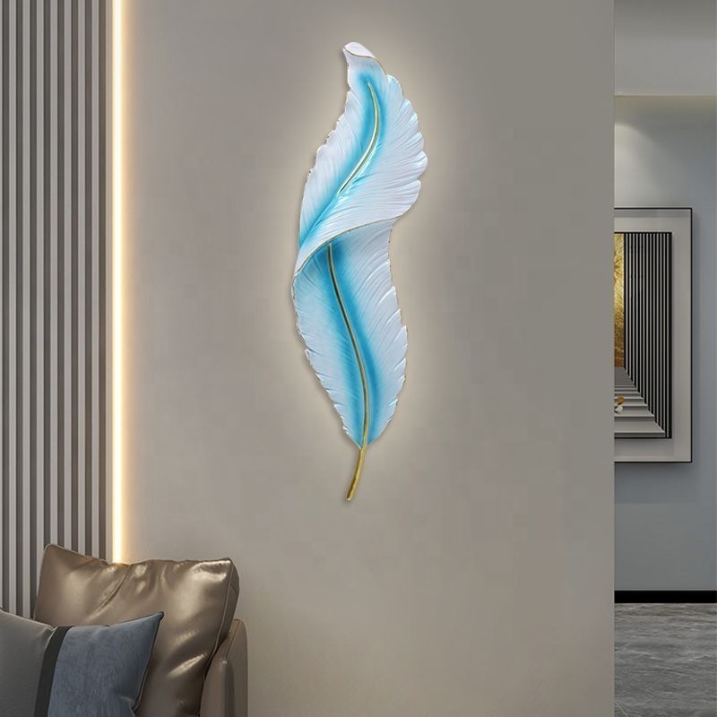 65CM Sculptural Feather Resin Wall Sconce Artistic Hand-painted LED Hardwired Lamp Dimmable Ambient Lighting for Living Room