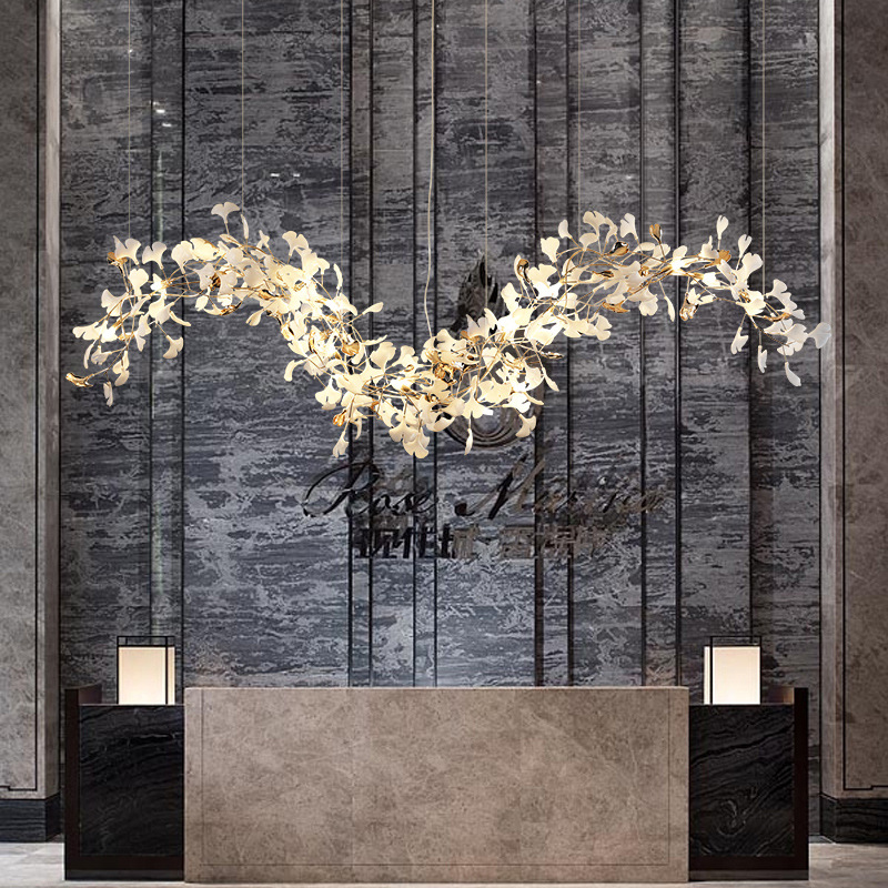 Custom Modern Gold Ginkgo Leaf Pendant Fixture Artistic Branch Design Hotel Lobby Ceiling Light Chandelier Decorative for Lobby