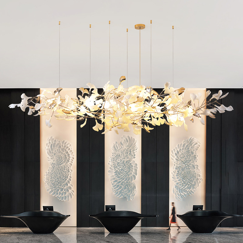 Custom Modern Gold Ginkgo Leaf Pendant Fixture Artistic Branch Design Hotel Lobby Ceiling Light Chandelier Decorative for Lobby