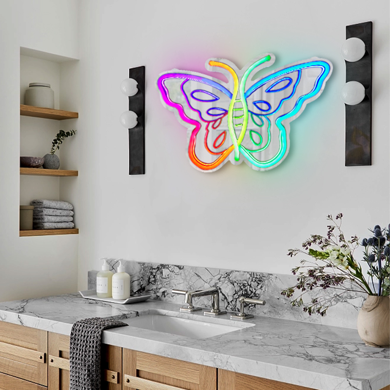 Divatla Custom Personalized Butterfly Neon Mirror Custom Personalized Neon Tube for Wedding Bedroom Decoration with Led Lights