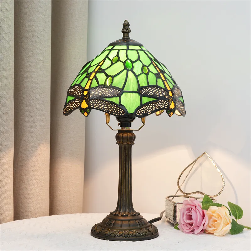 Antique Tiffany Desk Light Multi Color Glass Shade Table Lamp