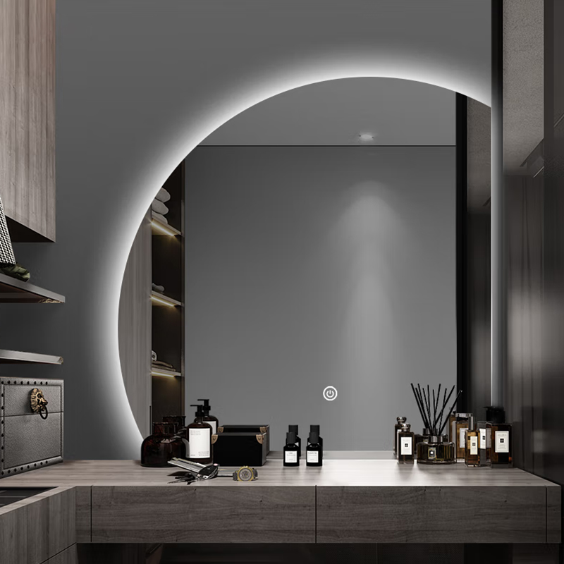 Smart Bathroom Decorative Touch Sensor Frameless Half Moon Mirror Wall Mounted with LED Light and Bluetooth
