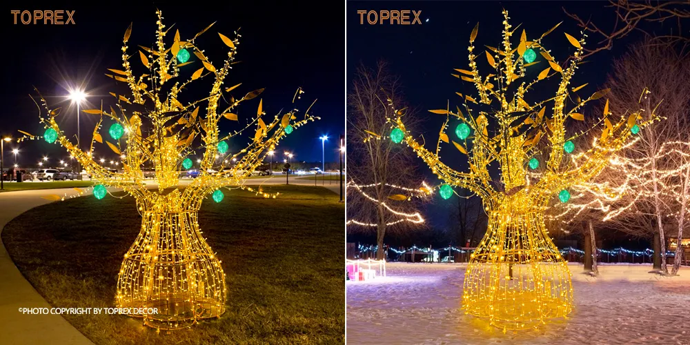 Luxury Golden Metal Tree with Decorative Leaves for Mall or Event Display Lighting