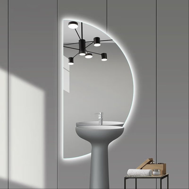 Smart Bathroom Decorative Touch Sensor Frameless Half Moon Mirror Wall Mounted with LED Light and Bluetooth