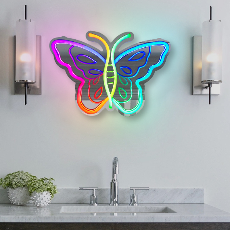 Divatla Custom Personalized Butterfly Neon Mirror Custom Personalized Neon Tube for Wedding Bedroom Decoration with Led Lights