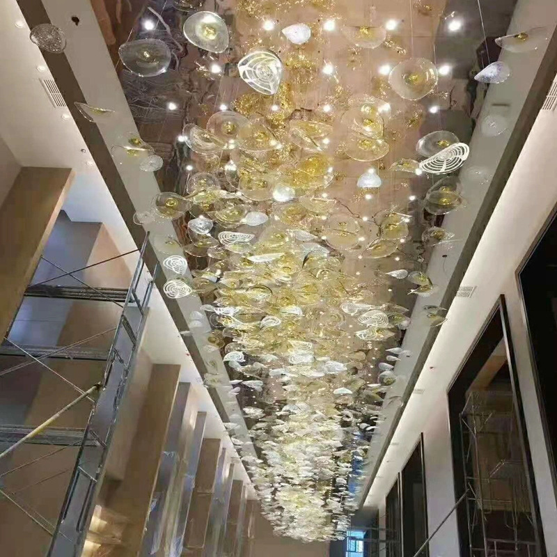 Hotel Club Aerial Art Disc Decorative Pendant, Sales Department Colorful Creative Glass Lotus Leaf Chandelier