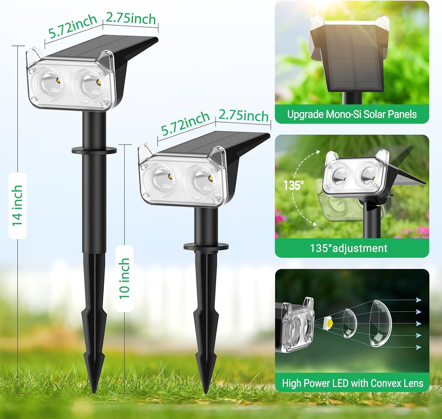 New Solar Spot Lights Outdoor Waterproof Bright 30H Runtime Solar Powered Landscape Lighting Wall Spotlights for Garden Decor