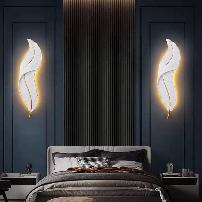 65CM Sculptural Feather Resin Wall Sconce Artistic Hand-painted LED Hardwired Lamp Dimmable Ambient Lighting for Living Room