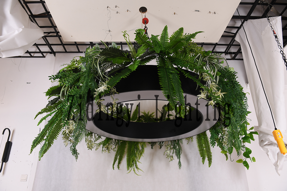 Customizable Green Plant Art Decoration LED Chandelier Creative Restaurant bar Gym Lobby Engineering Ring Light