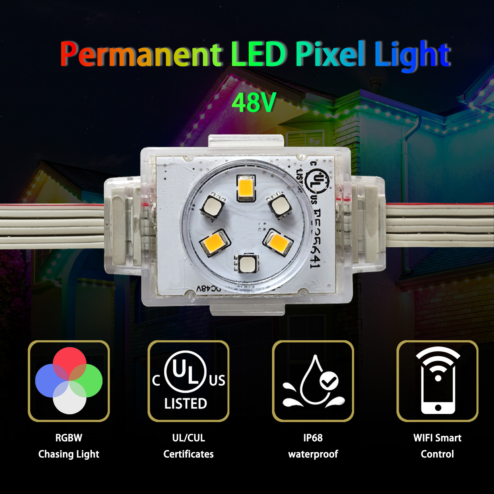 HRSYT UL CUL DC48V Waterproof IP68 Permanent Outdoor Christmas Holiday Lights For House RGB RGBW LED Pixel Point Lights
