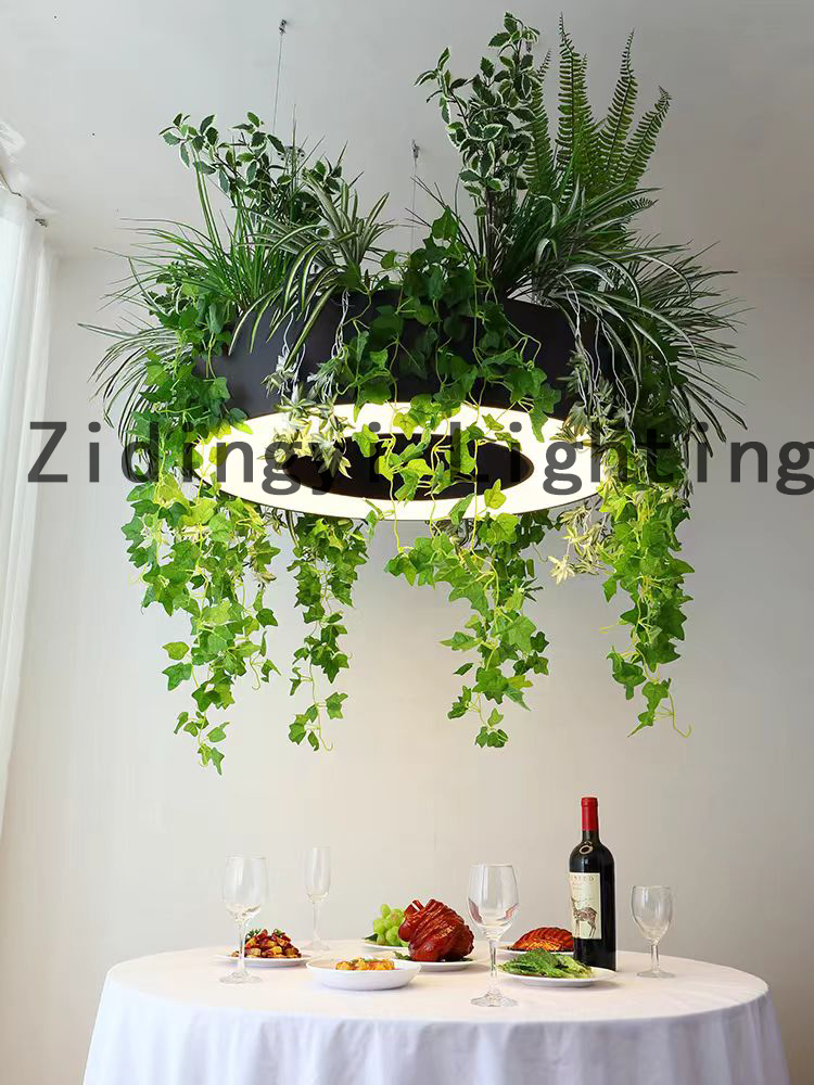 Customizable Green Plant Art Decoration LED Chandelier Creative Restaurant bar Gym Lobby Engineering Ring Light
