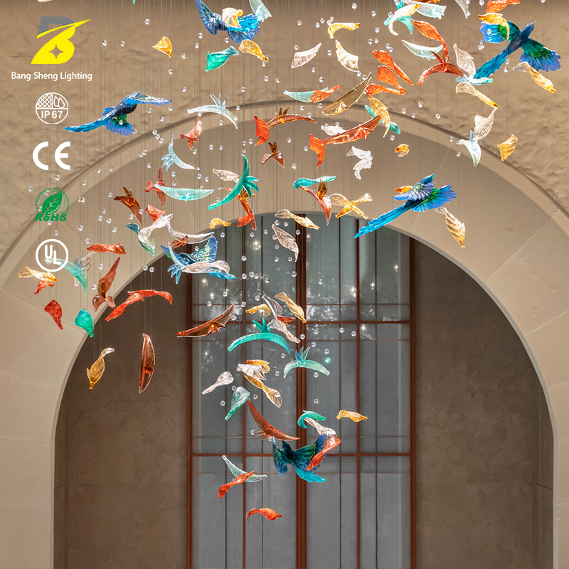 Custom Colorful Bird &amp; Leaf Chandelier - Luxury LED Art Light for Hotel Lobby &amp; Villa