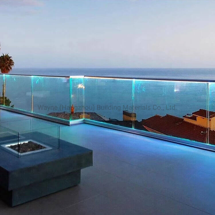 LED Lighting Embedded Aluminium Base Shoe Framless Glass Railing System with Sgp Laminated Glass