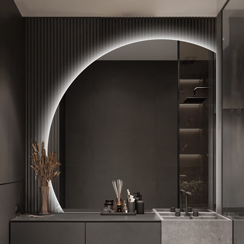 Smart Bathroom Decorative Touch Sensor Frameless Half Moon Mirror Wall Mounted with LED Light and Bluetooth