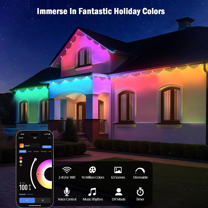 Smart Full RGB IP65 Outdoor Christmas Lights 30LED 15M LED Eaves Lights 75 Scene Modes Permanent Outdoor Xmas Lights Made