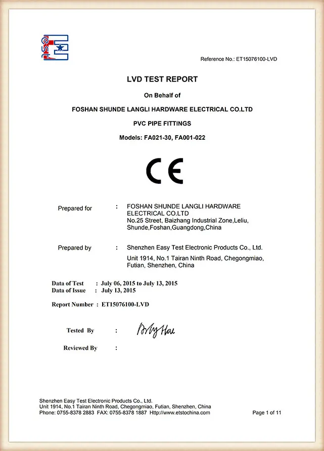 CE certificate for Langli PVC electrical products