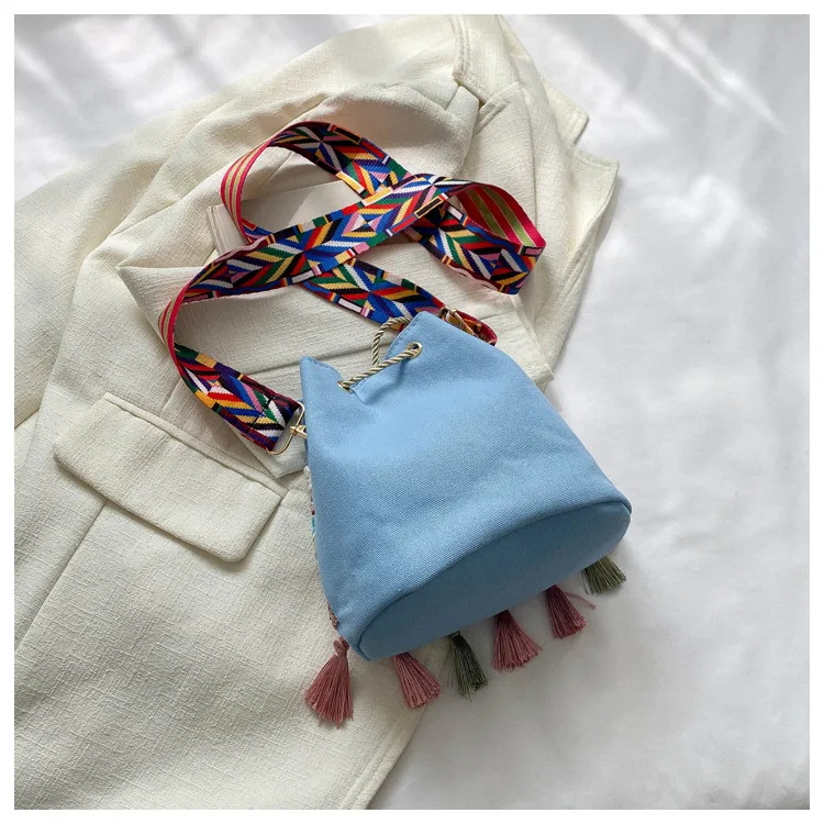 Bolso de mensajero de estilo étnico con bordado retro y borlas, bolso de tela de estilo nacional, bolso de hombro de lona