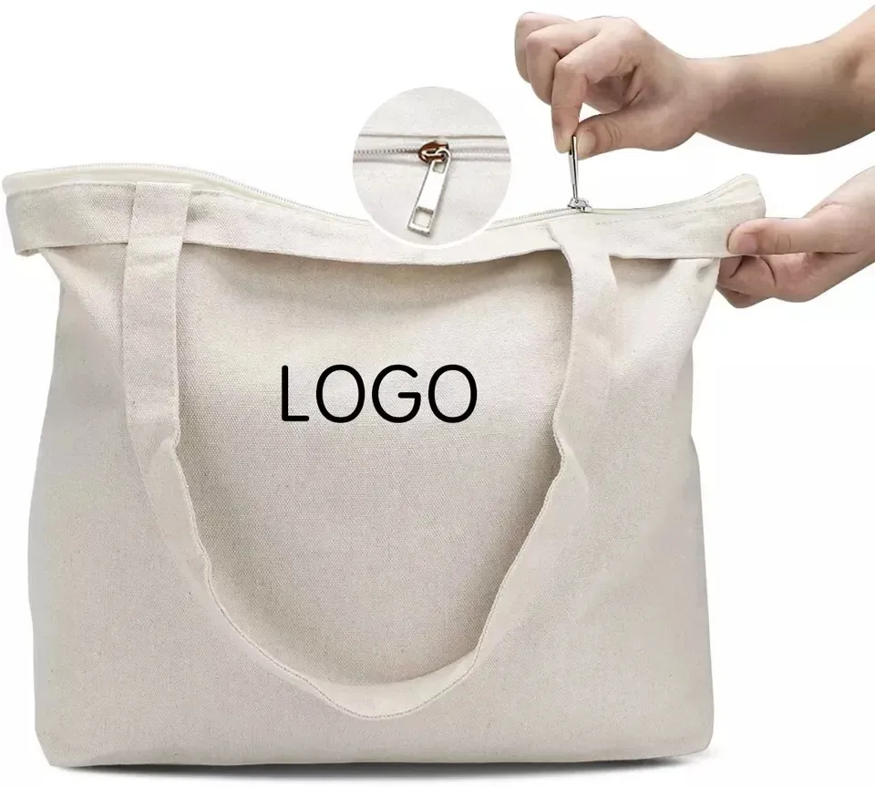 Bolsa de compras reutilizable grande de algodón orgánico impresa con logo personalizado, ecológica, con bolsillo