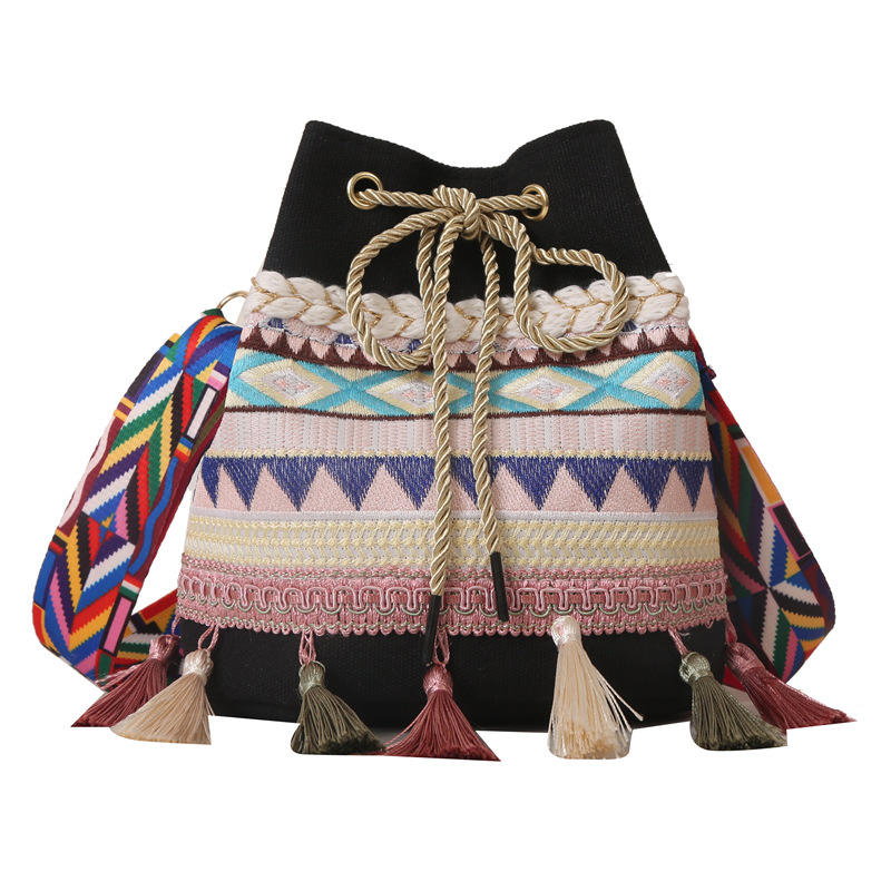 Bolso de mensajero de estilo étnico con bordado retro y borlas, bolso de tela de estilo nacional, bolso de hombro de lona