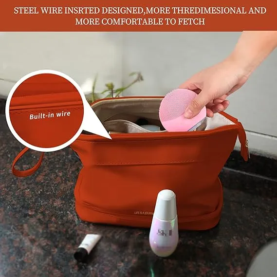 Estuche de viaje cosmético para mujer, bolsa de tocador de cuero vegano suave, personalizada, grande, de doble capa, impermeable y multifuncional