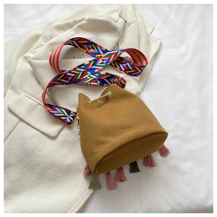 Bolso de mensajero de estilo étnico con bordado retro y borlas, bolso de tela de estilo nacional, bolso de hombro de lona