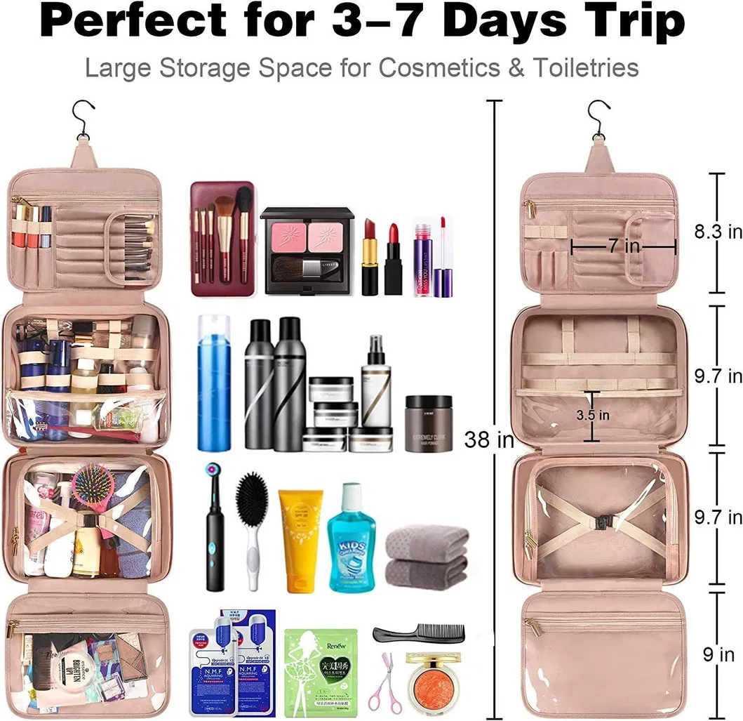Bolsa de aseo de viaje colgante resistente al agua portátil para mujeres, bolsa cosmética de gran capacidad de cuero PU, bolsa de maquillaje personalizada