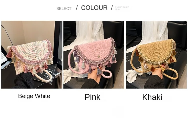 Bolso de mano de paja tejido al estilo bohemio con flecos y forro de poliéster y cierre de tapa para mujeres