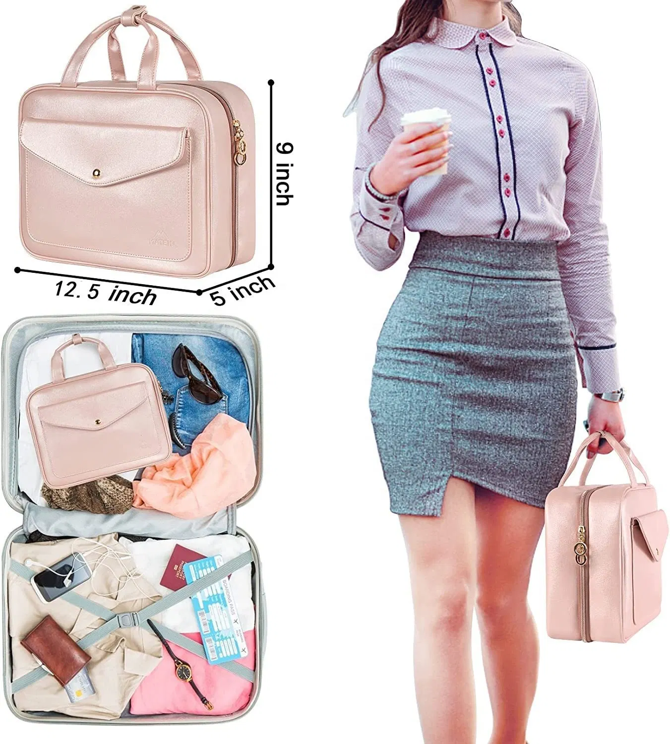 Bolsa de aseo de viaje colgante resistente al agua portátil para mujeres, bolsa cosmética de gran capacidad de cuero PU, bolsa de maquillaje personalizada