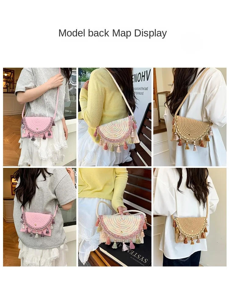 Bolso de mano de paja tejido al estilo bohemio con flecos y forro de poliéster y cierre de tapa para mujeres