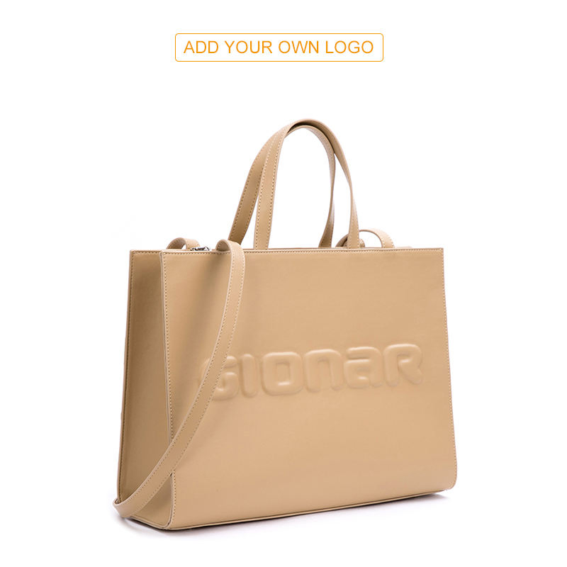 2023 Bolso de mano vegano de calidad personalizada de marca de moda con logo en relieve, bolso de lujo grande negro de cuero genuino para mujeres