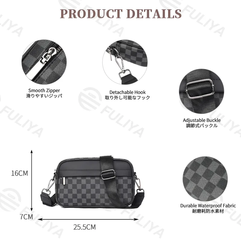 Bolsa cruzada de lujo para hombres, pequeña y cuadrada, de cuero PU con diseño de cuadros negros, ideal para uso casual y de negocios