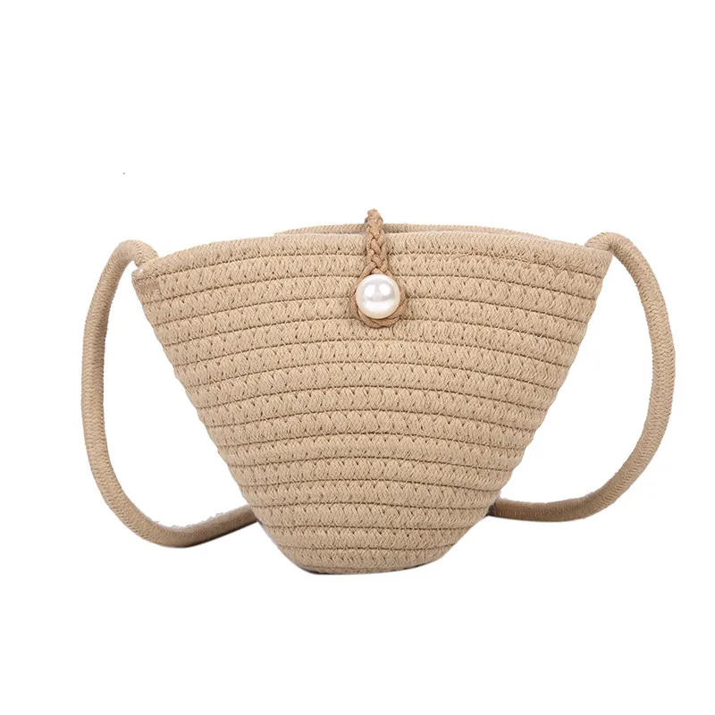 Bolso trenzado simple de perlas, bolso de paja tipo cubo
